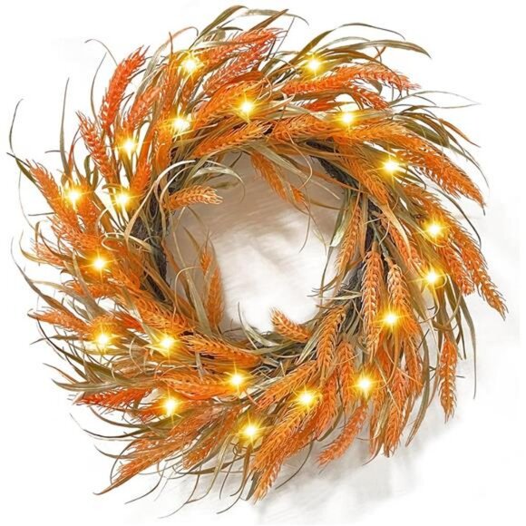 20 Inch 20 LED Thick Fall Wreaths for Front Door Fall Decor Fall Leafed Wheats - Picture 1 of 7